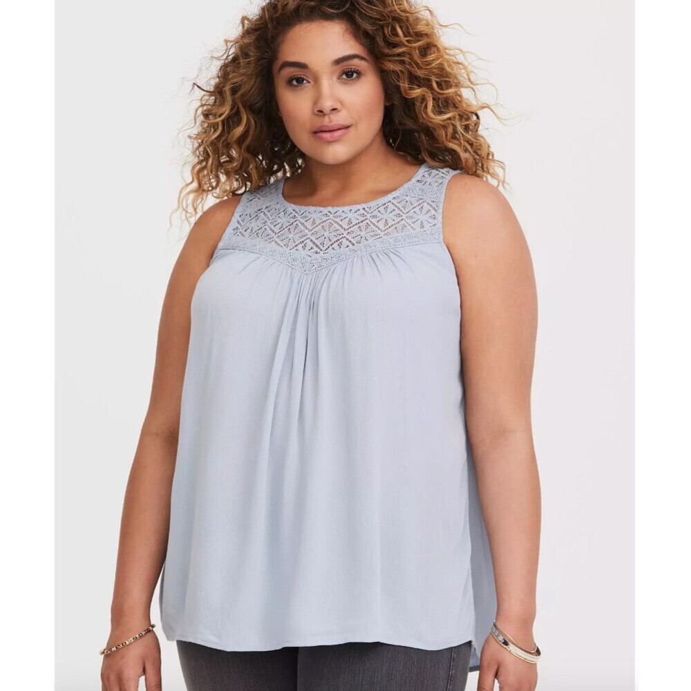 Torrid Gauze Lace Yoke Swing Tank Crewneck Sleeveless Plus Size 1X Grey/Blue